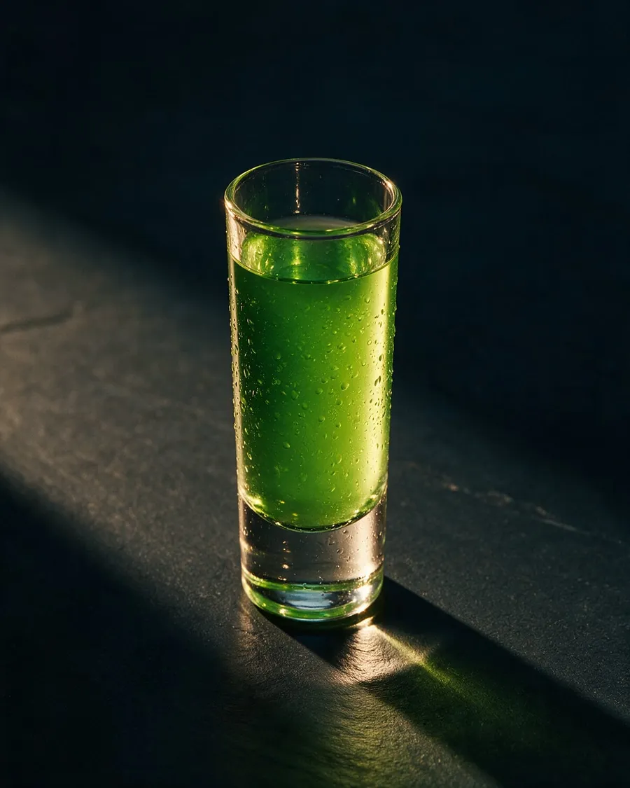 Rosa Små Sure shot i små shotglas på rad bredvid en påse med syrligt godis