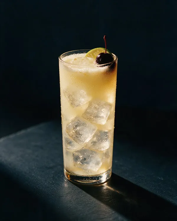 Ljusgul skummig Snowball i highballglas med is, limeskiva och cocktailbär