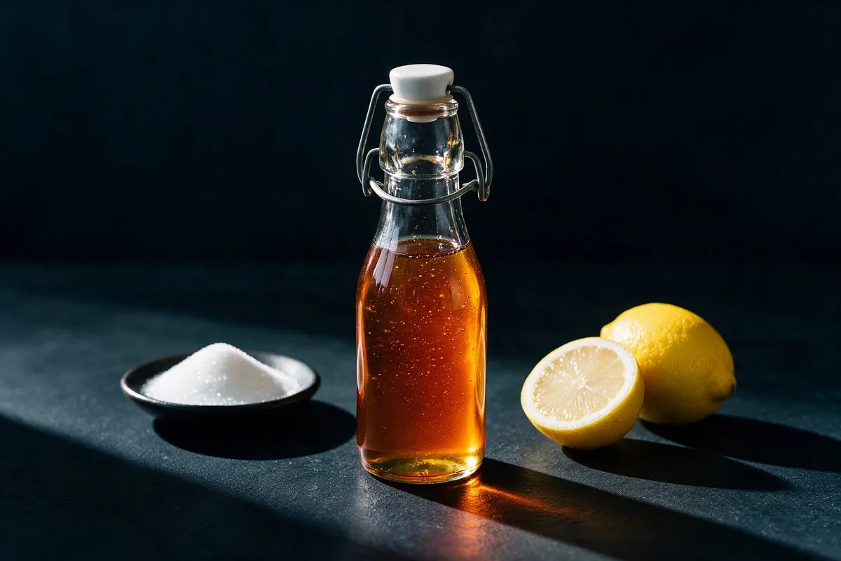 Flaska med hemgjord sockerlag bredvid socker och citroner