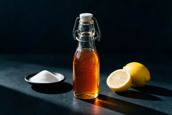 Flaska med hemgjord sockerlag bredvid socker och citroner
