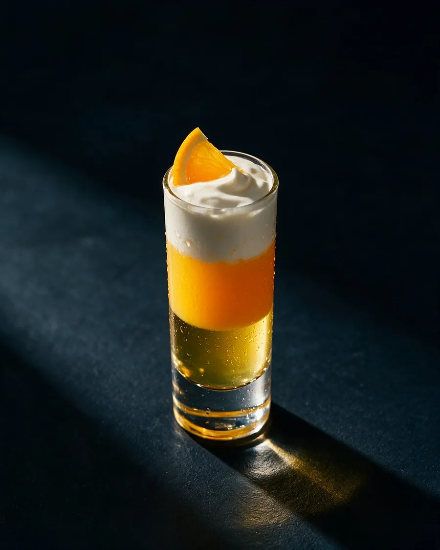 Solero shot i högt shotglas med tre lager av gul Likör 43, orange apelsinjuice och vit grädde