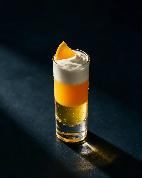 Solero shot i högt shotglas med tre lager av gul Likör 43, orange apelsinjuice och vit grädde