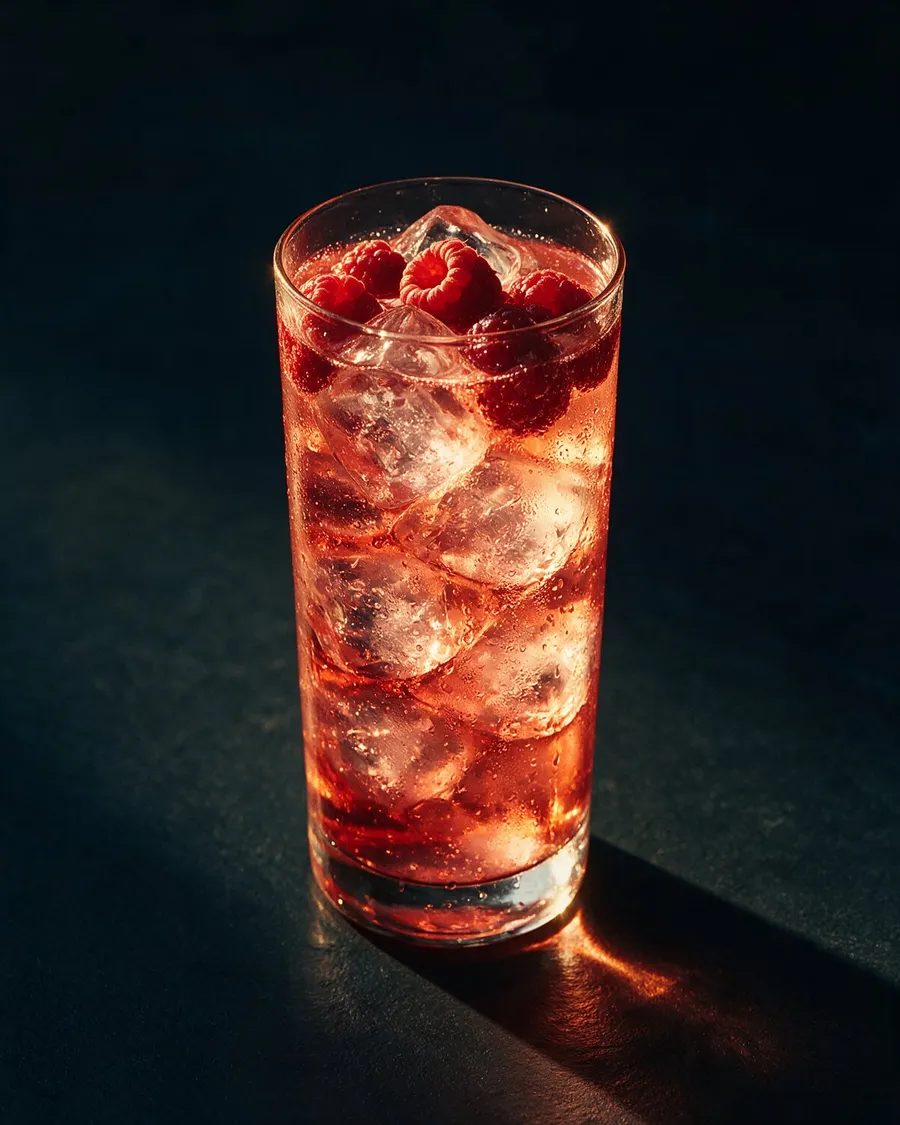 Klarrosa longdrink i highballglas med is, hallon och bubblor