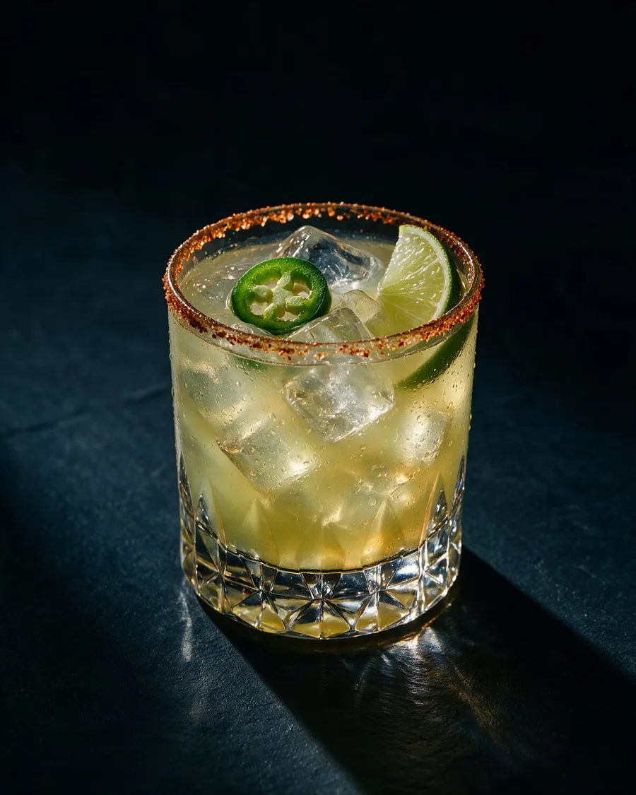 Spicy Margarita i rocksglas med rödflammig saltkant, is och en grön jalapeñoskiva