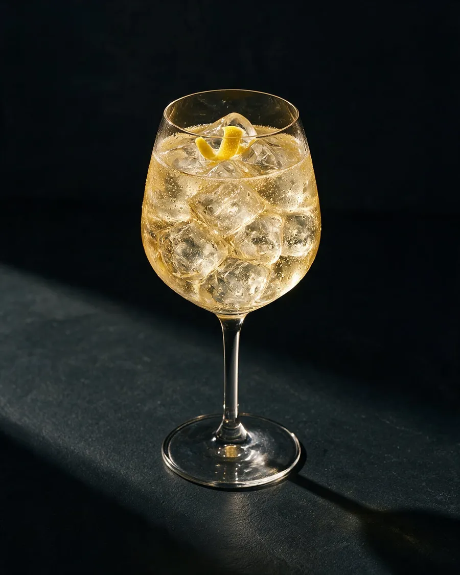 Ljusgul St-Germain Spritz i vinglas med is och citronzest