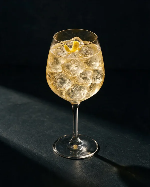 Ljusgul St-Germain Spritz i vinglas med is och citronzest