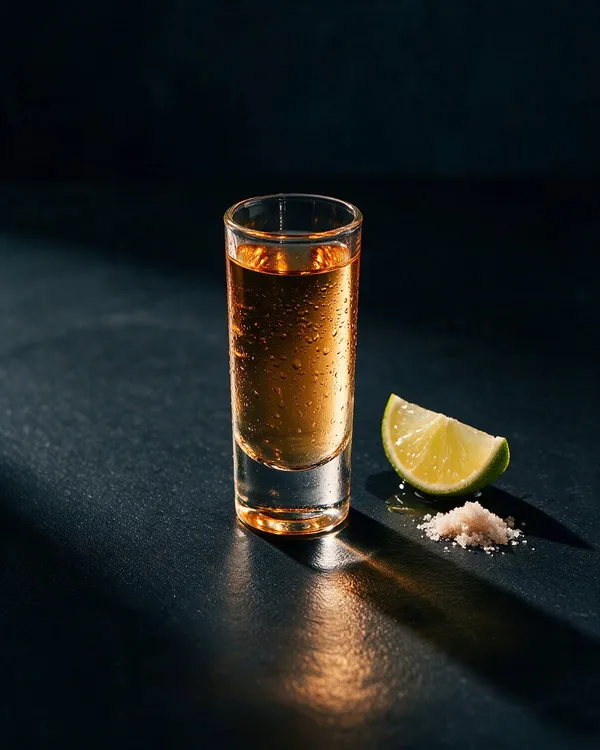 Tequila shot i shotglas med limeklyfta och en liten hög salt på bordet