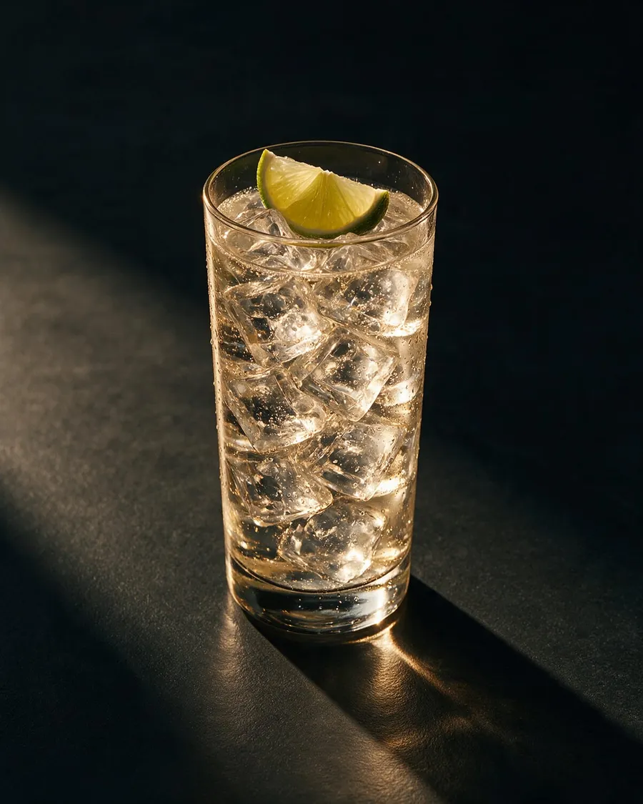 Klar Tequila Soda i highballglas med is, bubblor och en limeklyfta i glaset