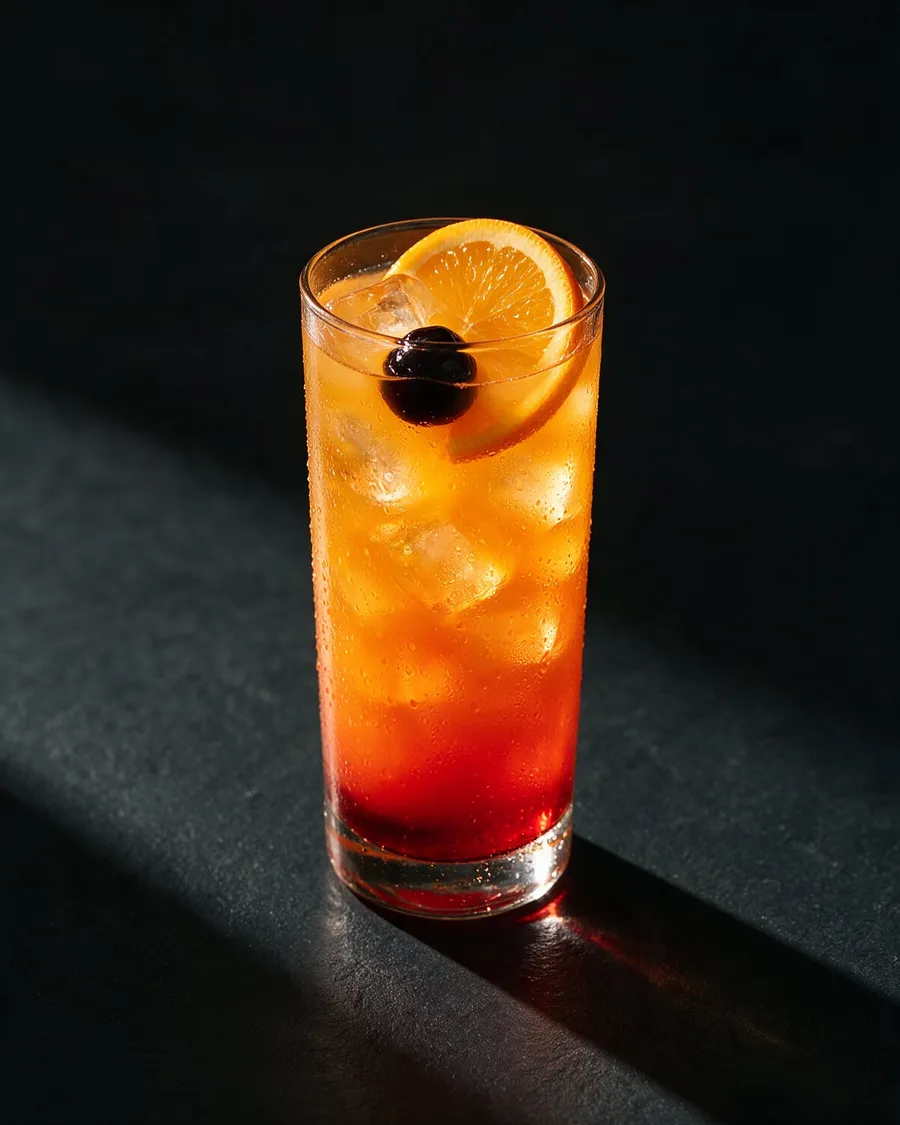 Tequila Sunrise i highballglas med orange juice som skiftar till rött i botten, apelsinskiva på kanten
