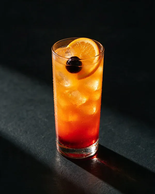 Tequila Sunrise i highballglas med orange juice som skiftar till rött i botten, apelsinskiva på kanten