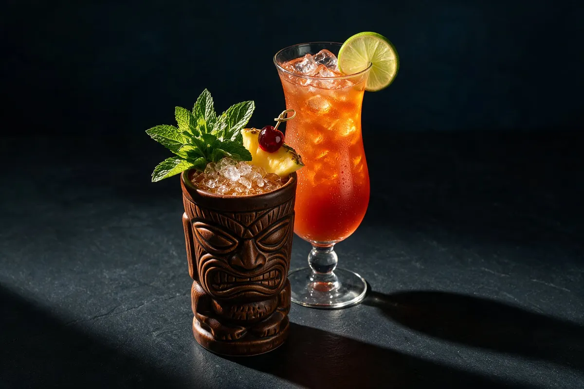 Tikimugg med krossad is, mynta och ananas bredvid ett hurricaneglas med rompunsch