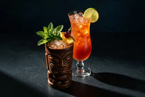 Tikimugg med krossad is, mynta och ananas bredvid ett hurricaneglas med rompunsch