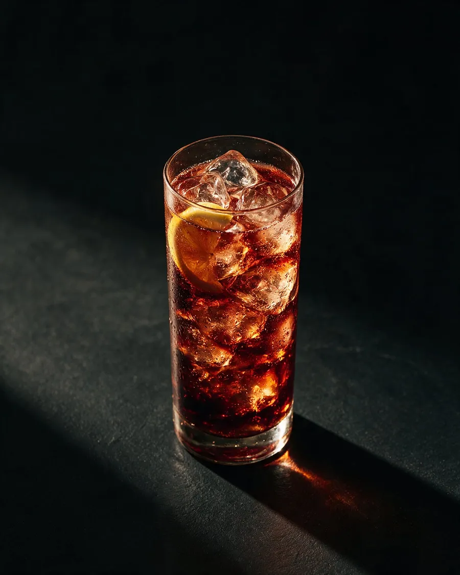 Rödviolett Tinto de Verano i highballglas med is, bubblor och en citronskiva