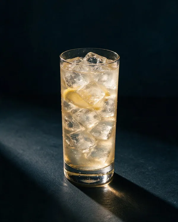 Tom Collins i högt glas med is, citronskiva och bubblor