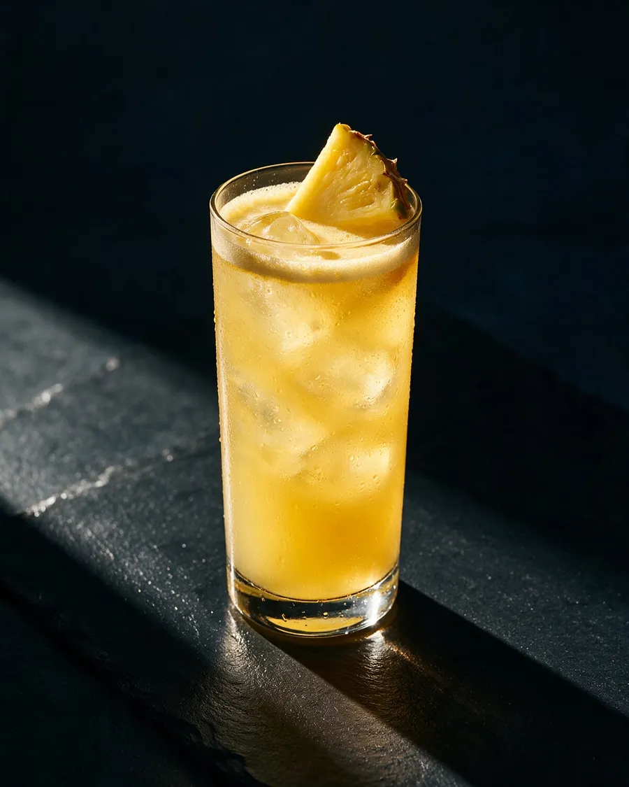 Gul och skummig Vanilj och Ananas i highballglas med is och en ananasbit
