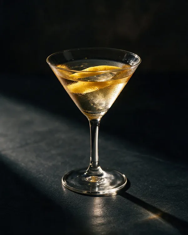 Kristallklar Vesper Martini i kyld martiniglas med ett brett citronzest
