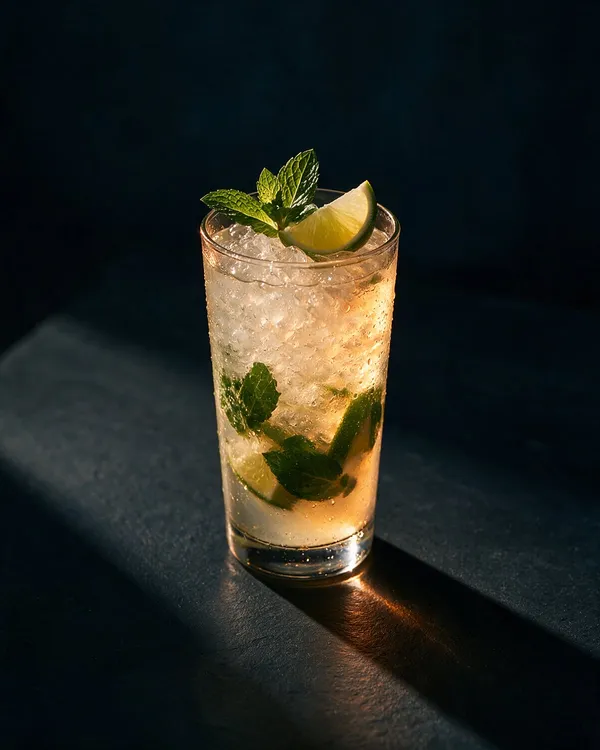 Alkoholfri mojito i highballglas med krossad is, mynta och lime