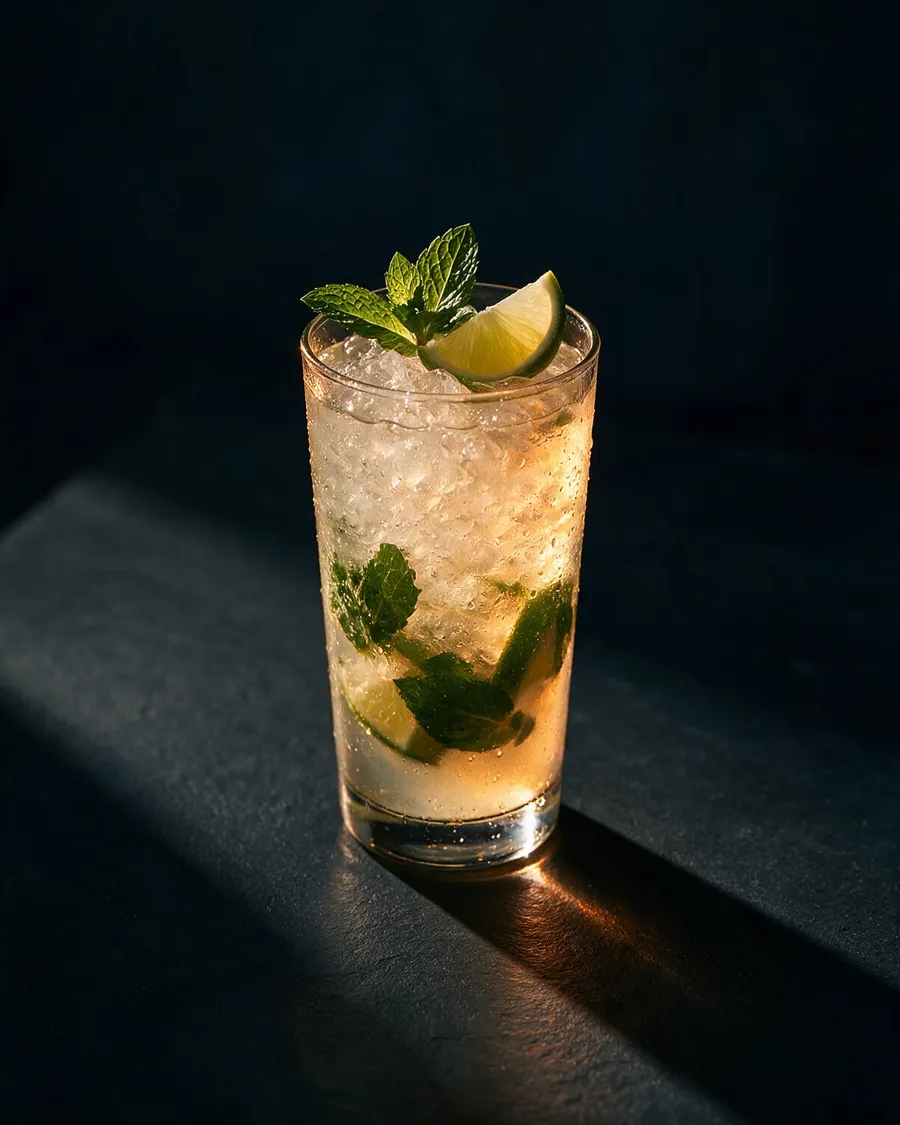 Alkoholfri mojito i highballglas med krossad is, mynta och lime