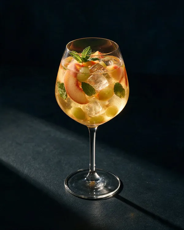 Glaskanna med ljusgul vit sangria, is, persikoklyftor, jordgubbar och mynta