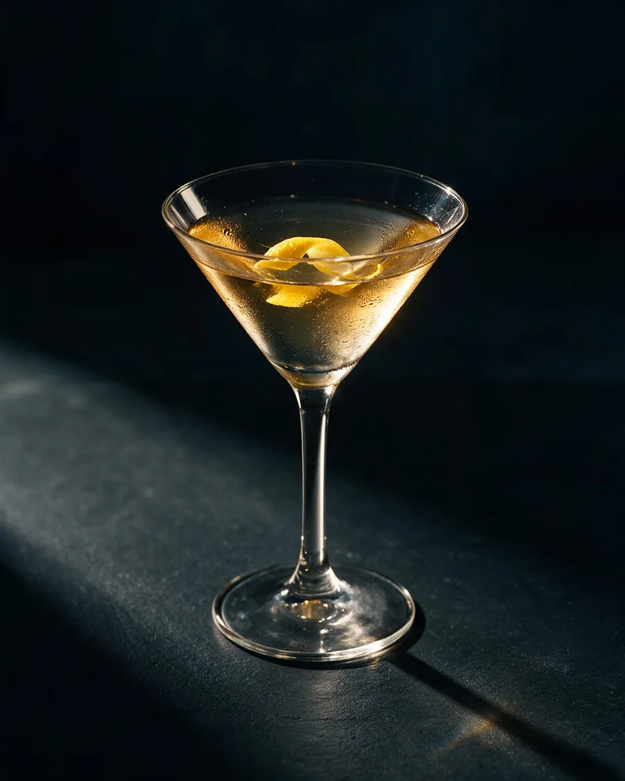Klar Vodka Martini i kylt martiniglas med en grön oliv på pinne