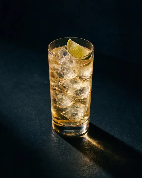 Vodka Red Bull i highballglas med is, bubblor och limeklyfta