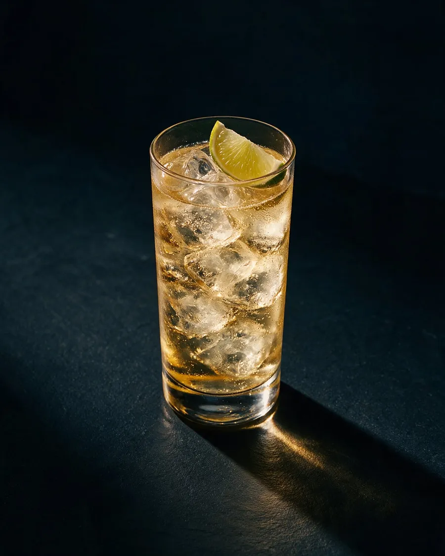Vodka Red Bull i highballglas med is, bubblor och limeklyfta