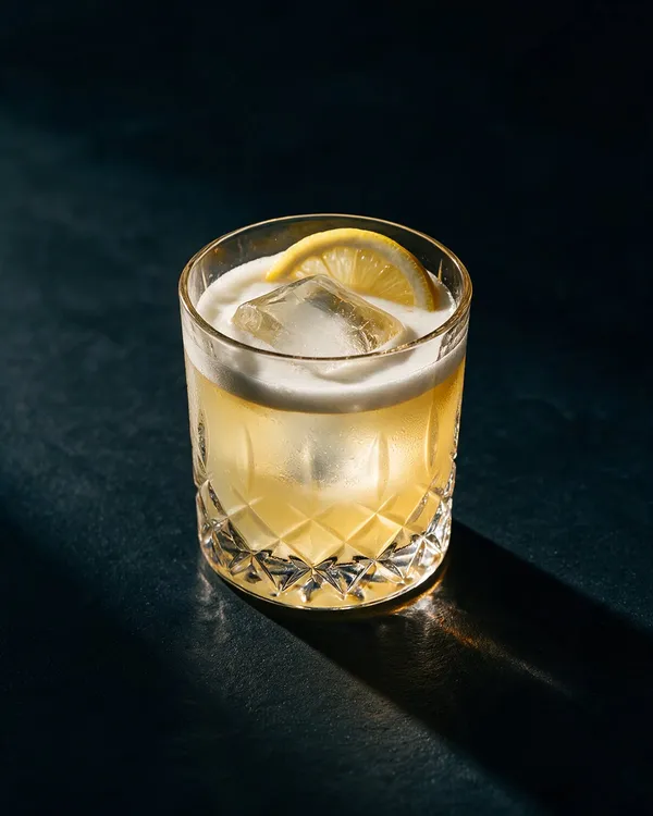 Blekgul Vodka Sour i rocksglas med tjockt vitt skum och en citronskiva