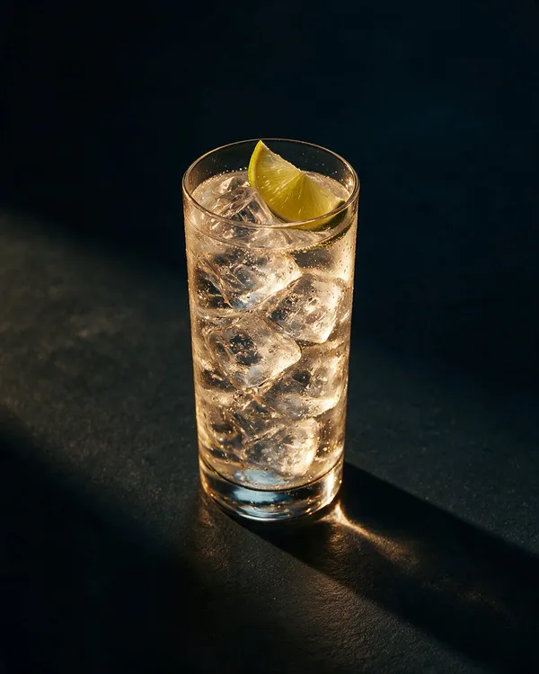 Klar Vodka Tonic i highballglas med is, bubblor och en limeklyfta
