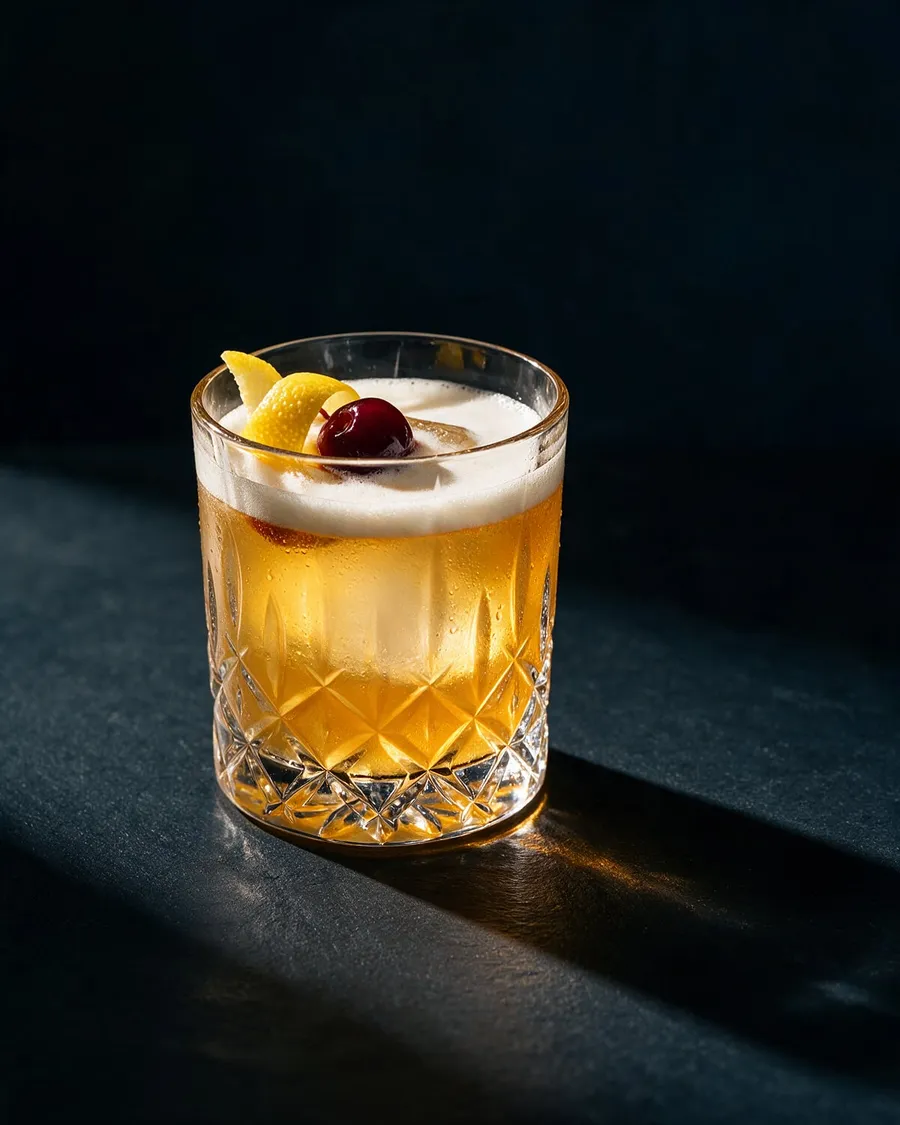 Whiskey Sour i rocksglas med vitt skum och bitterdroppar