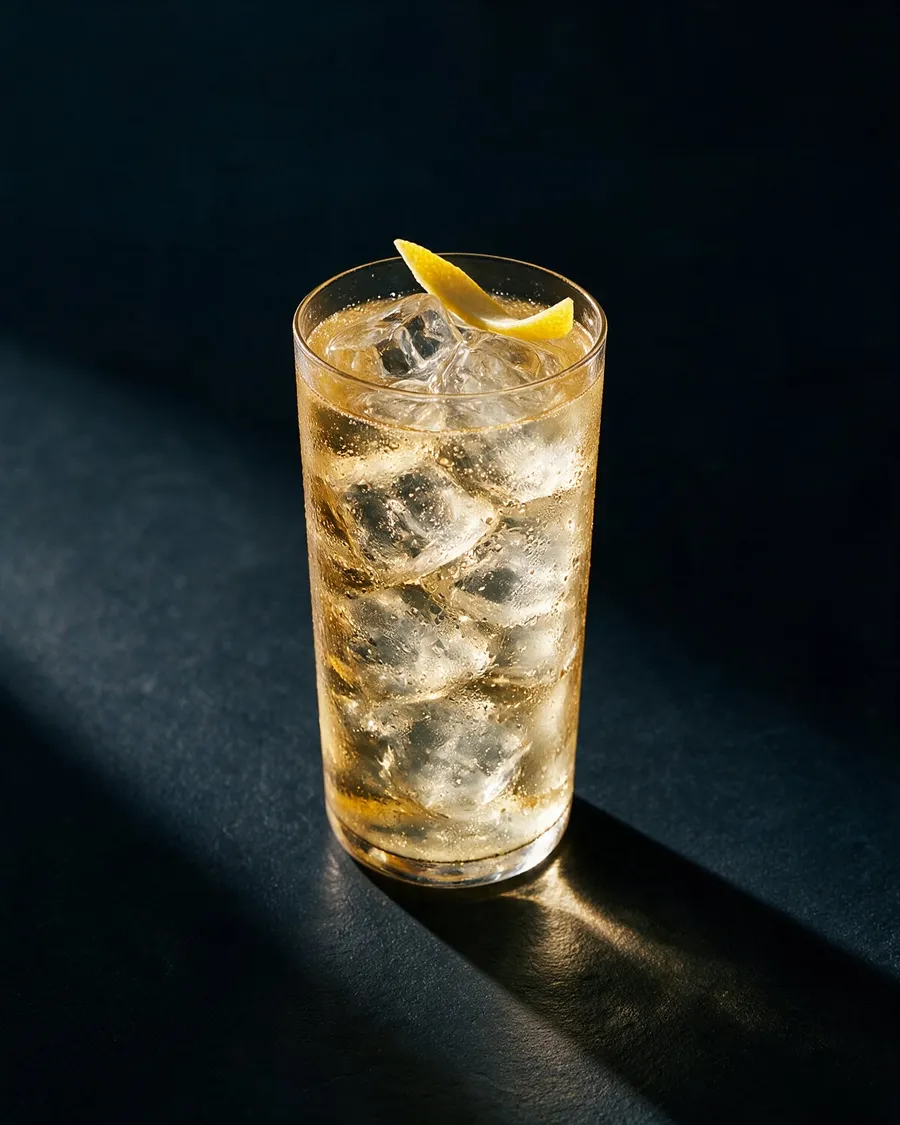 Ljusgul Whisky Highball i högt glas fyllt med klar is och ett vridet citronskal