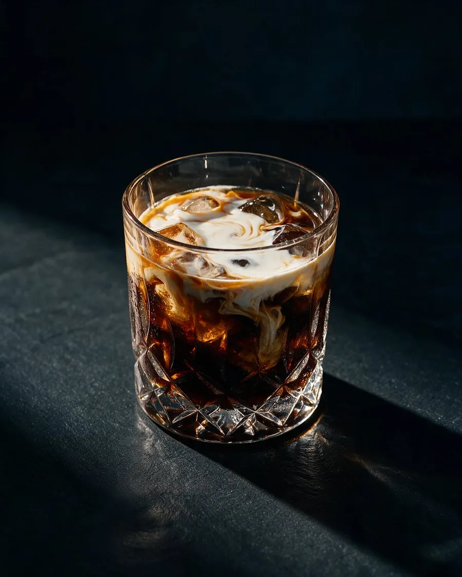 White Russian i rocksglas med is där vit grädde flyter ovanpå den mörka kaffelikören