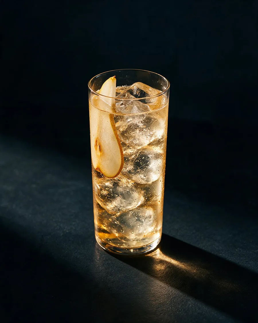 Gyllene Xanté och tonic i highballglas med is, bubblor och en tunn päronskiva