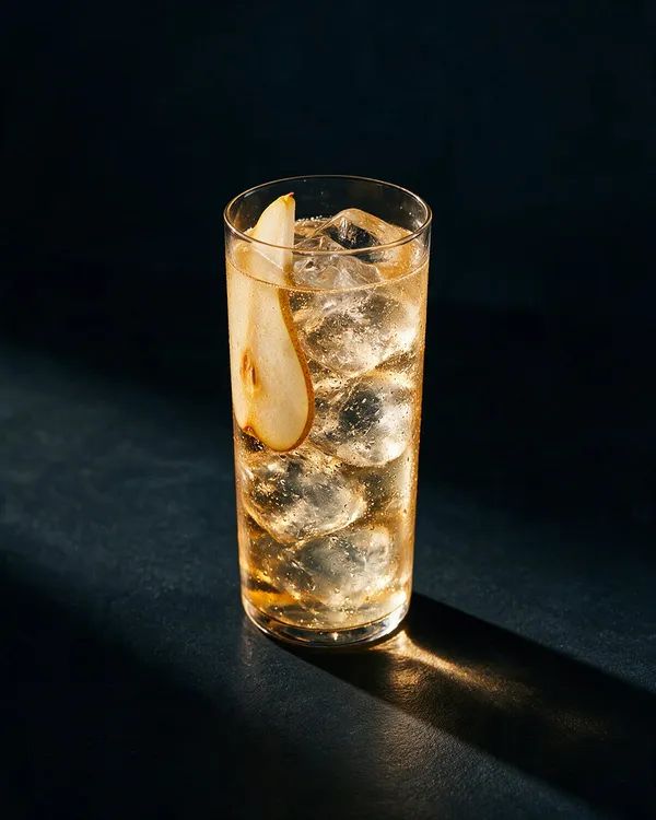 Gyllene Xanté och tonic i highballglas med is, bubblor och en tunn päronskiva