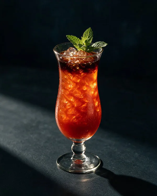 Hög bärnstensfärgad Zombie i hurricaneglas med krossad is och en stor myntakvist